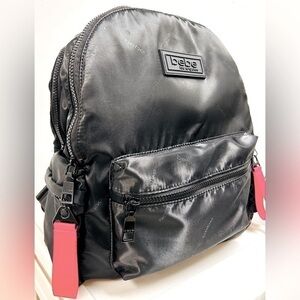 bebe Black Satin Look Logo Print Pattern Backpack Bag Purse Pink Zip Closure